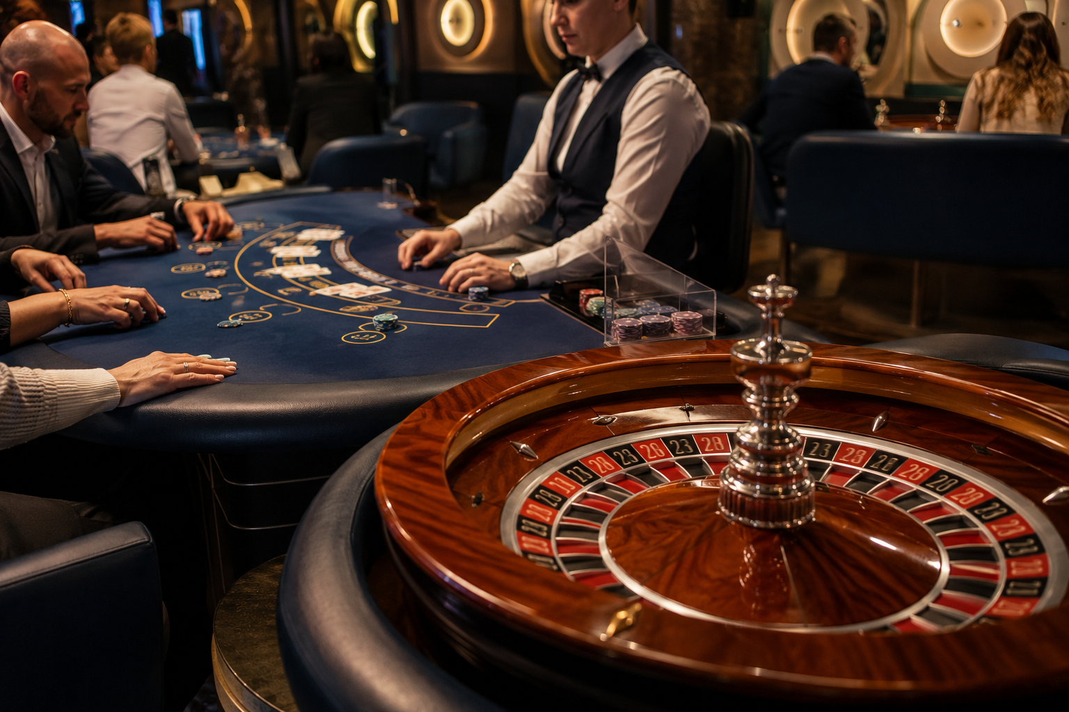 Roulettewiel en Black Jack-tafel in een fysiek casino
